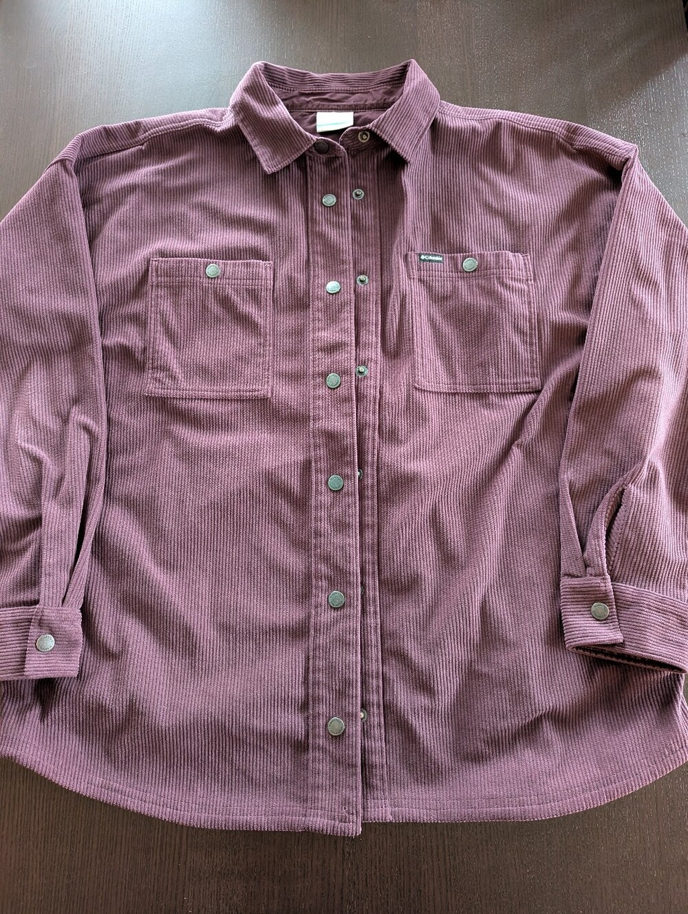 Columbia Corduroy Shacket Shirt Jacket Eggplant Purple Snap Front Womens Large